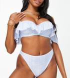 Peek & Beau Fuller Bust Exclusive Underwire Off Shoulder Frill Bikini Top In Blue Gingham-blues