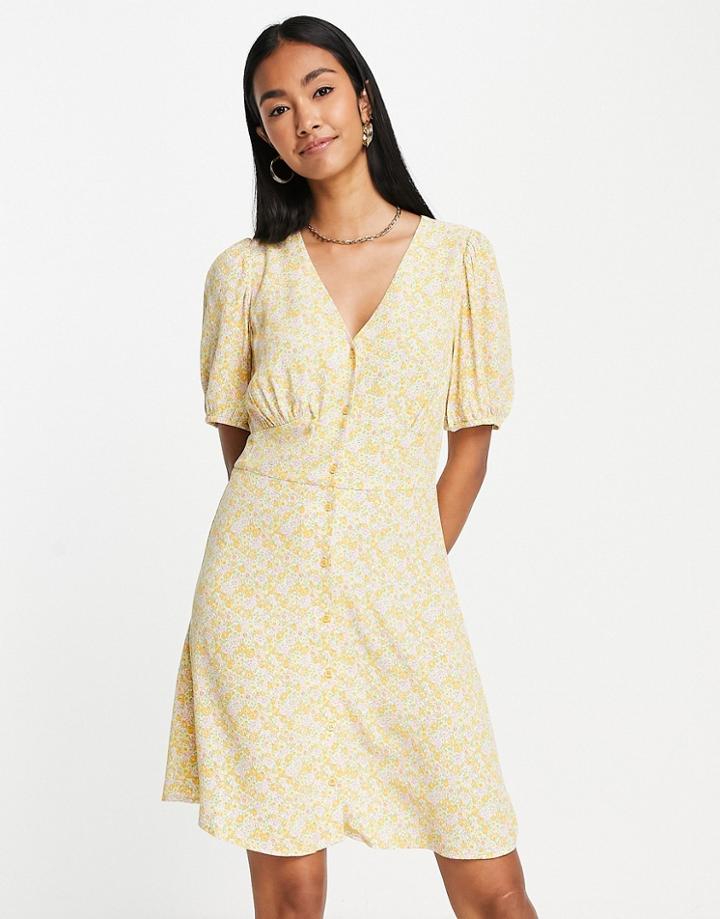 & Other Stories Button Up Mini Tea Dress With Puff Sleeves In Romantic Floral-multi