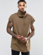 Asos Oversized Sleeveless T-shirt With Funnel Neck And Curved Hem - Coco Brown