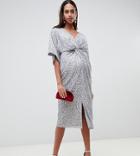 Little Mistress Maternity All Over Sequin Knot Front Midi Dress In Silver