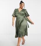 Asos Design Curve Edit Satin Midi Wrap Dress With Puff Sleeves In Khaki-green