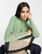 Topshop Knitted Cut Out Detail Top In Sage-green