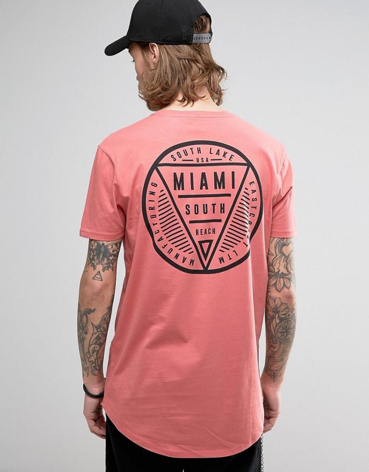 Asos Super Longline T-shirt With Miami Print And Curve Hem - Pink
