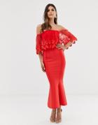 Forever U Bardot Midi Bandage Dress With Crochet Lace Detail In Red