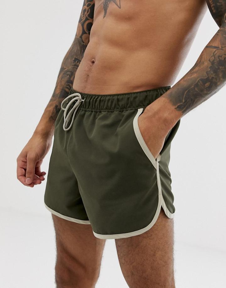 Asos Design Runner Swim Short In Khaki With Stone Binding - Green