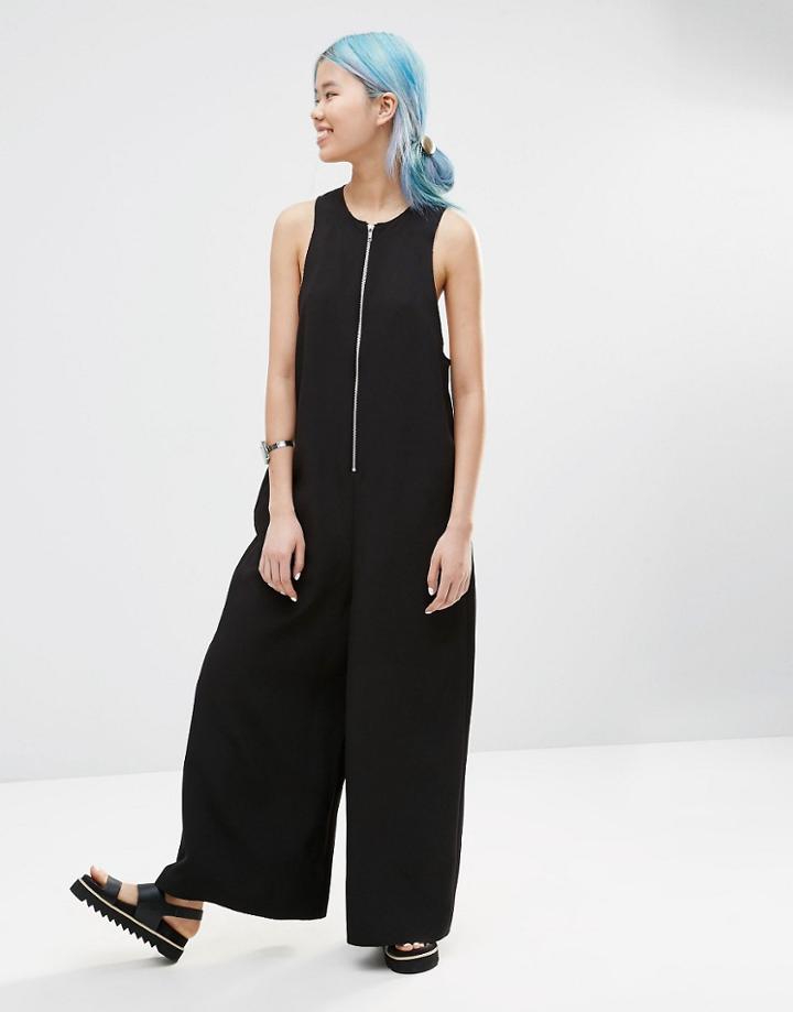Asos White Zip Front Wide Leg Jumpsuit - Black