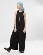 Asos White Zip Front Wide Leg Jumpsuit - Black