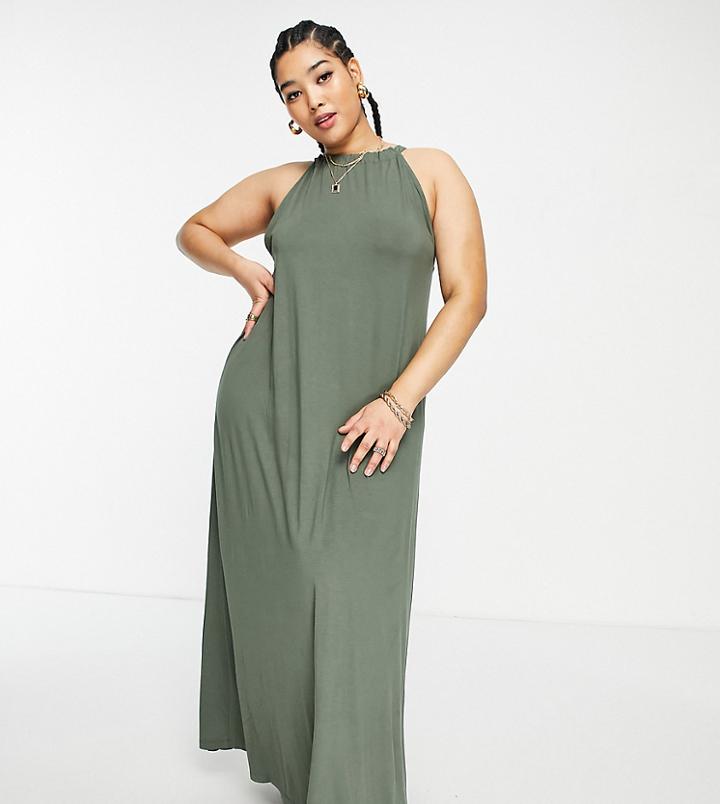 Asos Design Curve Gathered Neck Maxi Dress With Open Back In Khaki-green