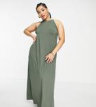 Asos Design Curve Gathered Neck Maxi Dress With Open Back In Khaki-green