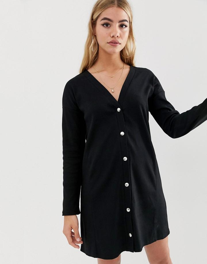 Asos Design Long Sleeve Popper Front Shift Dress-black