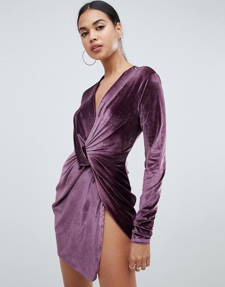 Club L Twist Front Long Sleeve Velvet Dress - Purple