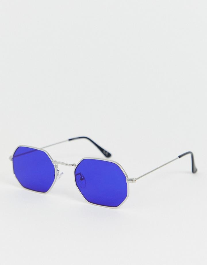 Asos Design Metal Angled Sunglasses In Silver With Blue Lens