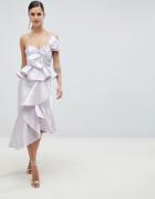 Asos Design Structured Pencil Midi Dress With Peplum Hem And Bow-gray