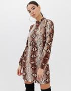 Boohoo Chiffon Mini Dress With High Neck And Long Sleeves In Snake - Multi
