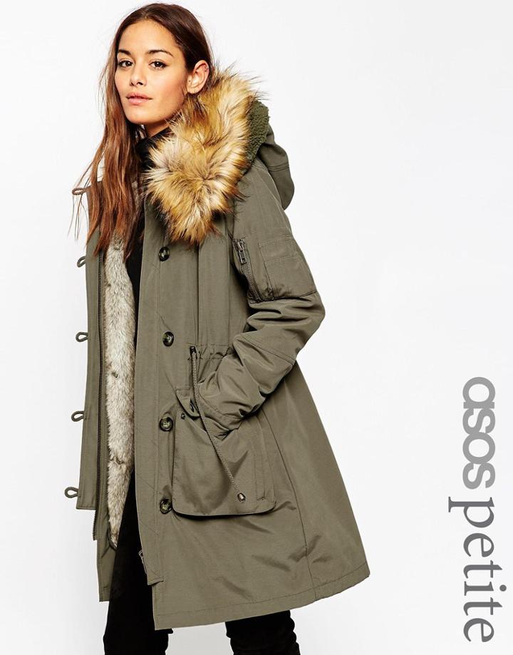 Asos Petite Parka With Detachable Faux Fur Liner - Khaki