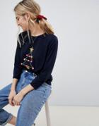 Nocozo Long Sleeve Christmas Tree T-shirt With Pom Poms - Navy