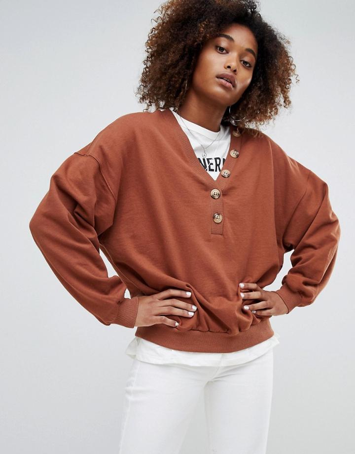 Pull & Bear V Neck With Button Detail Sweat In Red - Red