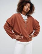 Pull & Bear V Neck With Button Detail Sweat In Red - Red