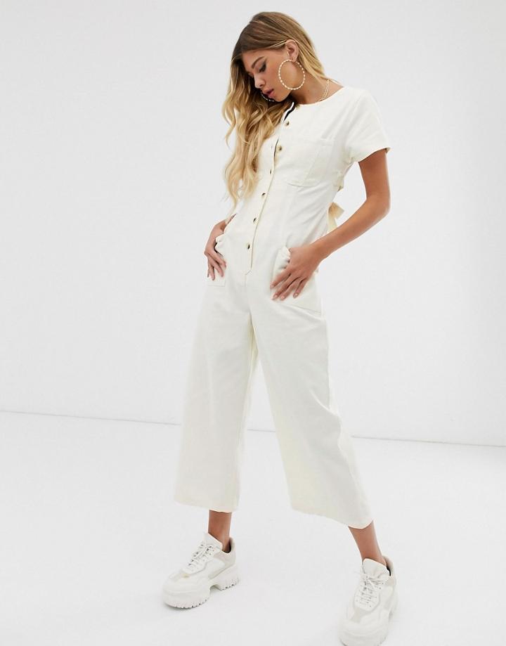 Asos Design Denim Button Through Jumpsuit With Open Back In Ecru-white