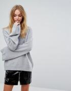 Fashion Union Knitted Sweater With Tie Back And Wide Sleeves - Gray