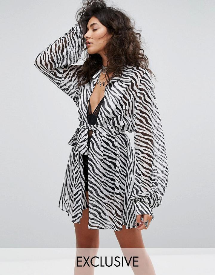 Sacred Hawk Oversized Chiffon Shirt In Zebra Print With Obi Belt Tie - Black