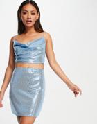 Flounce London Sequin Crop Top With Cowl Neck In Blue - Part Of A Set-blues