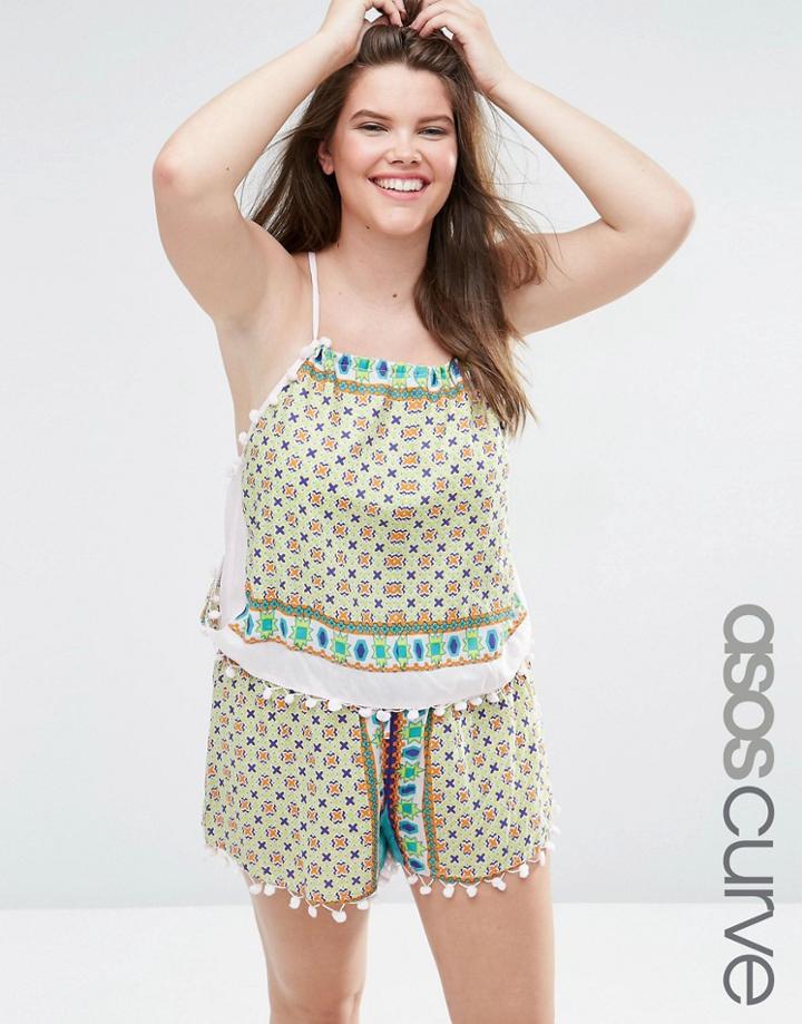 Asos Curve Moroccan Tile Print Pom Pom Cami & Short Set - Print