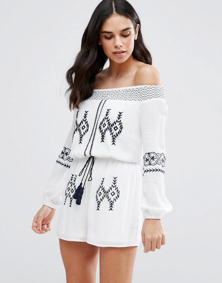 Parisian Off Shoulder Embroidered Romper - White