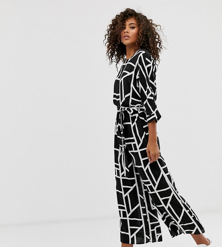 Asos Design Tall Tie Waist Jumpsuit In Mono Geo Print-multi