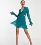 Asos Design Tall Ruffle Detail Mini Dress With Button Detail In Teal-red
