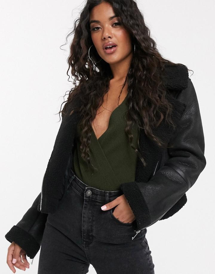 Asos Design Crop Borg Aviator Jacket In Black