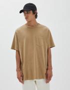 Pull & Bear Slub T-shirt In Tan-white