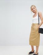 Asos Design Denim Paperbag Midi Skirt In Stone - Beige