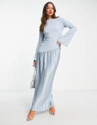 Asos Design Polyester Flared Sleeve Tiered Pleated Maxi Dress In Dusky Blue