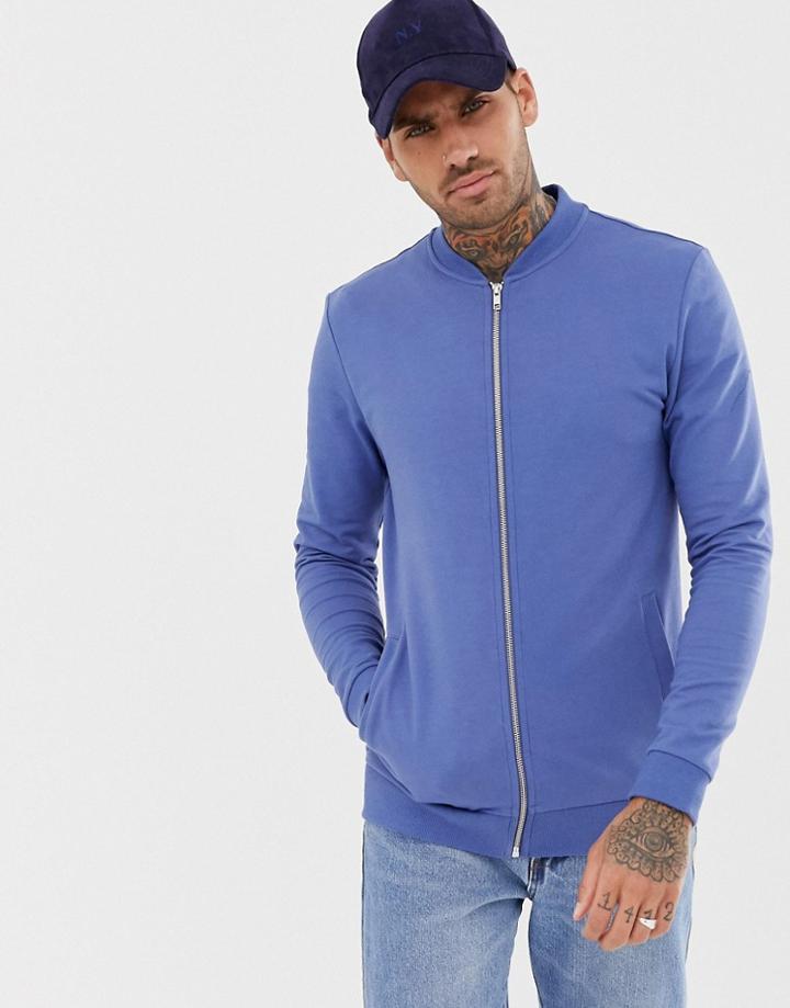 Asos Design Jersey Bomber Jacket In Blue
