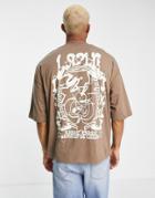 Asos Design Oversized T-shirt In Brown With Cartoon Back Print