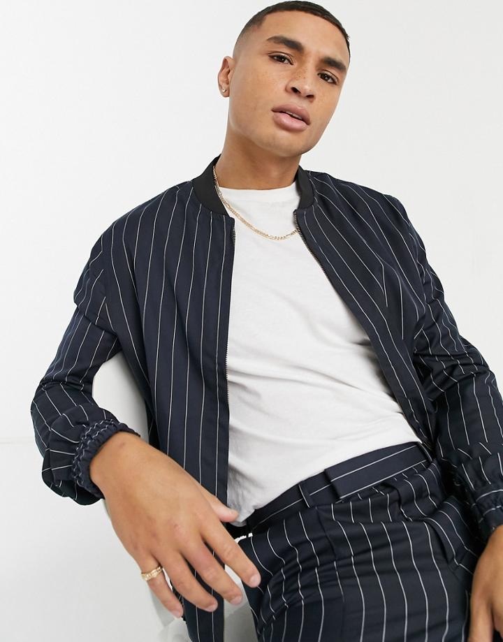 Asos Design Smart Bomber Jacket Co-ord In Navy Pinstripe