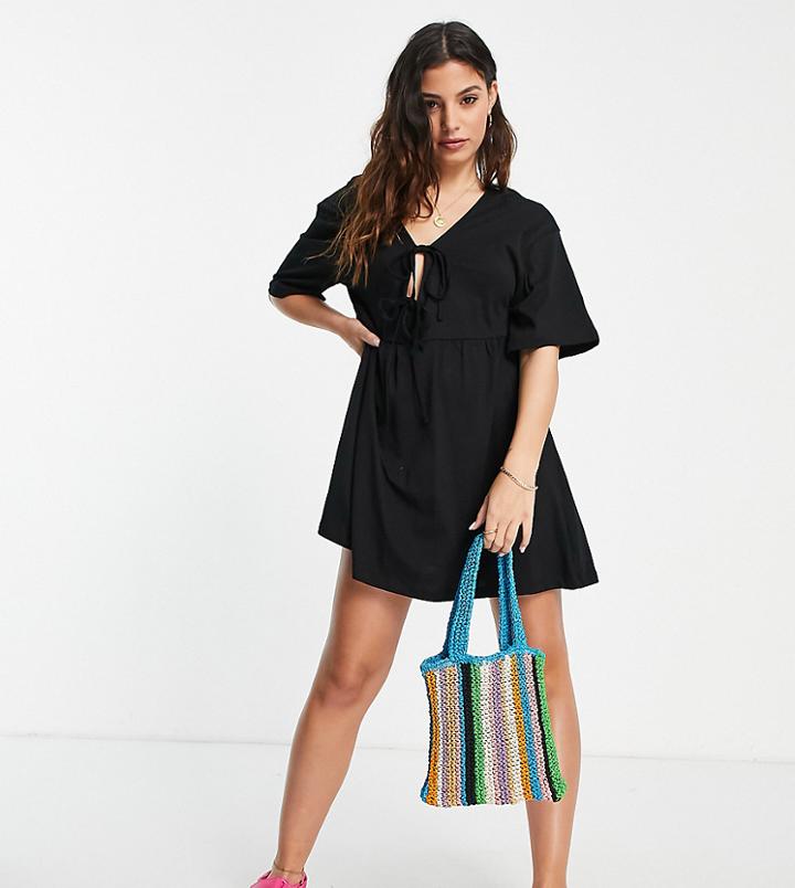 Asos Design Petite Mini Smock Dress With Double Tie Detail In Black