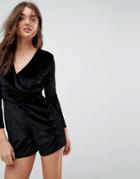 Asos Velvet Romper With Wrap Front And Button Detail - Black