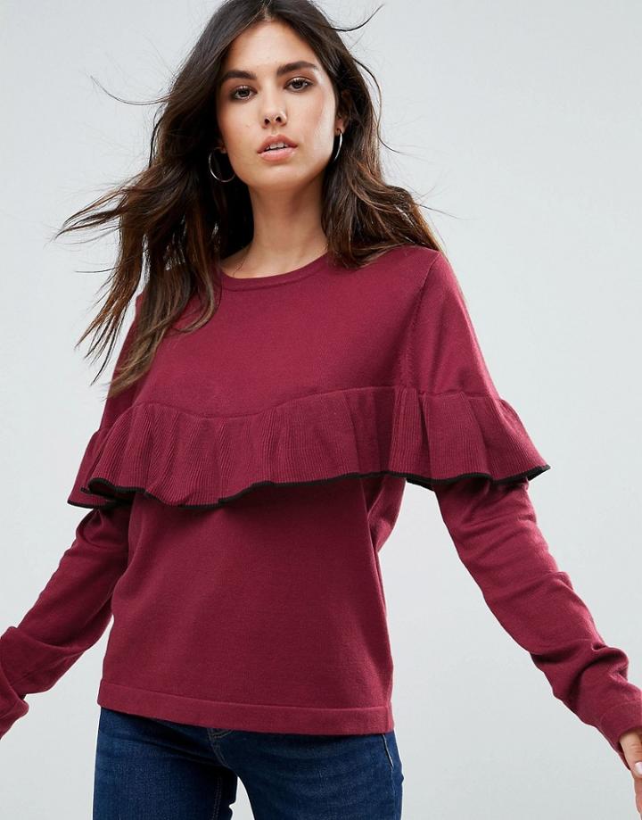 Liquorish Sweater With Ruffle Trim - Red