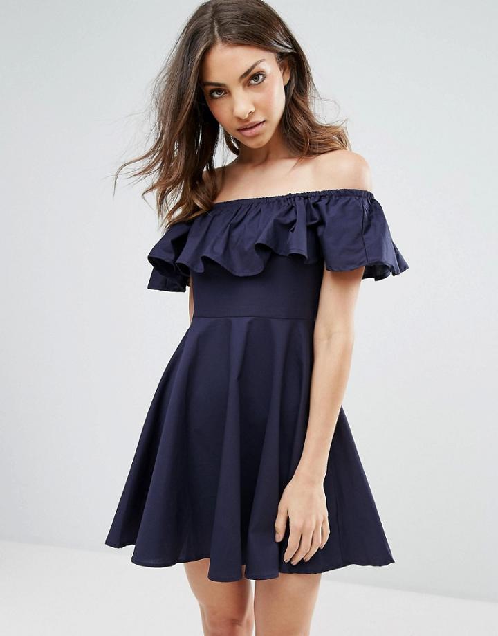 Qed London Frill Bardot Dress - Navy