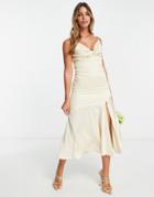 Liquorish Bridesmaid Satin Twist Front Midaxi Dress With Panel In Lemon-yellow