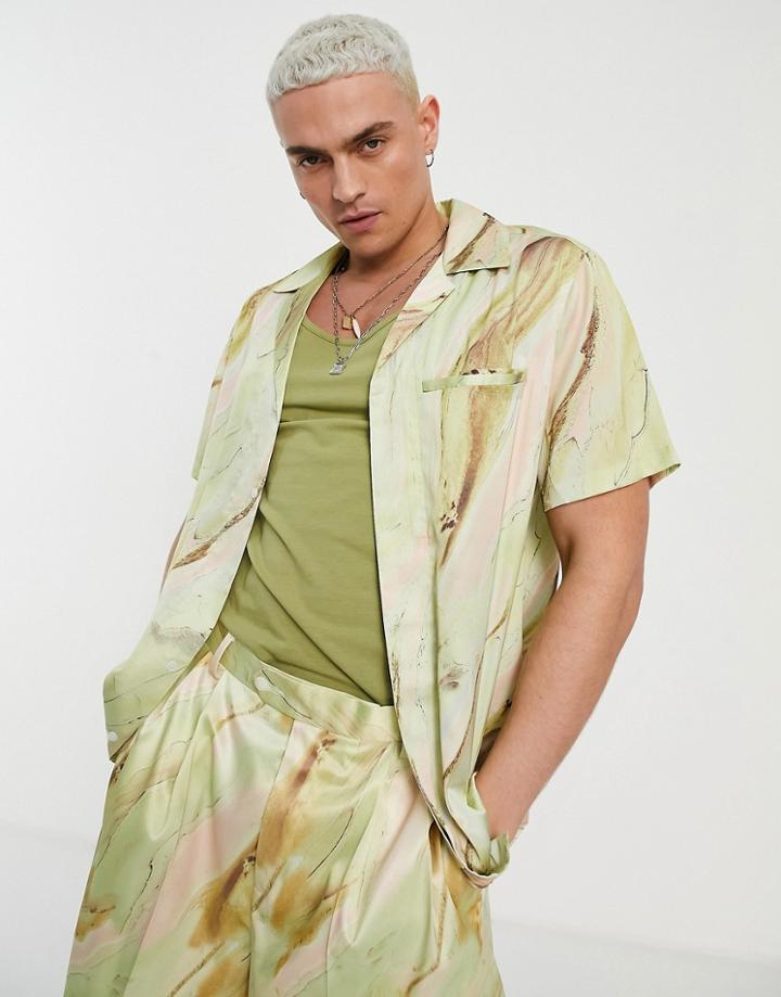 Asos Design Relaxed Revere Satin Shirt In Green Marble Print - Part Of A Set