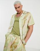 Asos Design Relaxed Revere Satin Shirt In Green Marble Print - Part Of A Set
