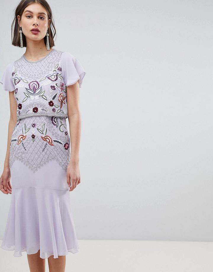 Frock And Frill Allover Beaded Embroidered Midi Dress-purple