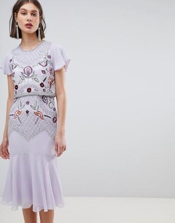 Frock And Frill Allover Beaded Embroidered Midi Dress-purple