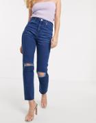 Asos Design Farleigh High Waisted Slim Mom Jeans With Rips In Bright Blue Wash With Raw Hem