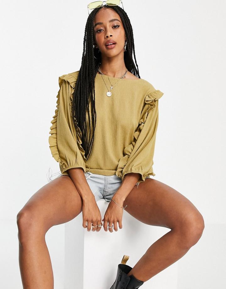 Object Frill Sleeve Blouse In Khaki-green