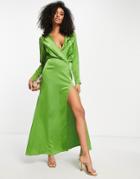 Asos Design Satin Drape Detail Maxi Dress With Button Detail-green