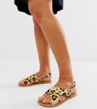 Asos Design Wide Fit Valid Leather Cross Strap Flat Sandals In Leopard - Multi